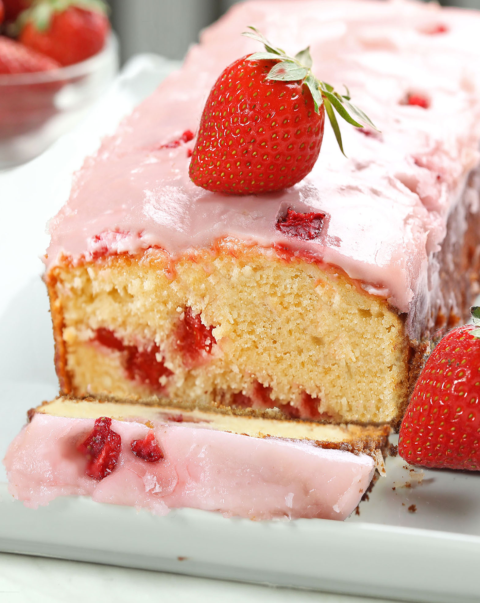 Strawberry Pound Cake topped with homemade strawberry glaze